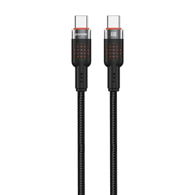 کابل 1.2 متری آلومینیومی Type-C به Type-C 60W پرودو مدل Porodo USB-C to  USB-C Aluminum Braided Cable PD-CBL0009-BK