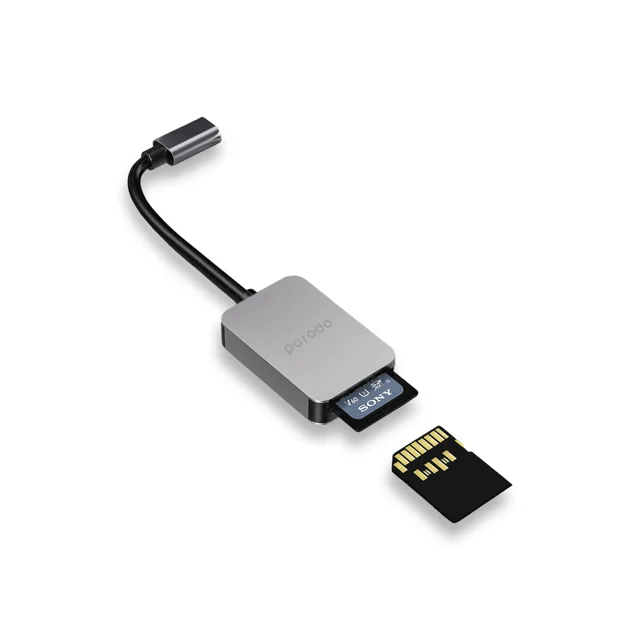 کارت خوان USB-C پرودو با اسلات SD و MicroSD - مدل Porodo 2in1 USB-C Card Reader SD MicroSD - Grey