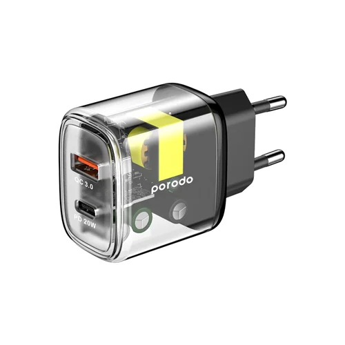 شارژر دیواری شفاف پرودو خروجی دوگانه 20 وات PD + QC 18 وات - مدل Porodo Dual Output Transparent Quick Charger PD 20W + QC 18W EU (PD-T20WACEU-BK)