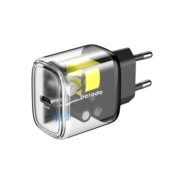 شارژر دیواری شفاف پرودو PD 30 وات - مدل Porodo Transparent Quick Charger PD 30W EU - Black (PD-TC30W
