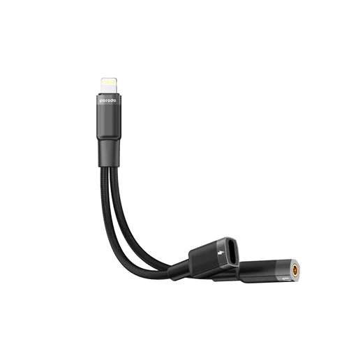 تبدیل 2 به 1 لایتنینگ (Lightning) به جک 3.5 میلیمتر و لایتنینگ پرودو - مدل (Porodo 2in1 Lightning to Lightning + 3.5 Jack Headphone and Charging Converter Adapter (PD-L2LAXCA-BK